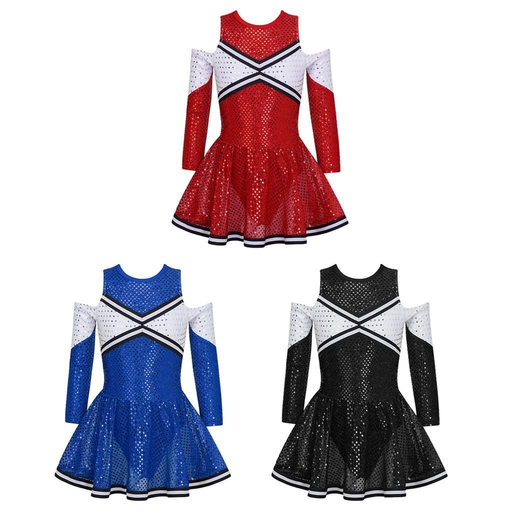 Girls Cheerleading Dress Long Sleeve Off Shoulder Round Neck Contrast Color Shiny Sequins Dance Costume