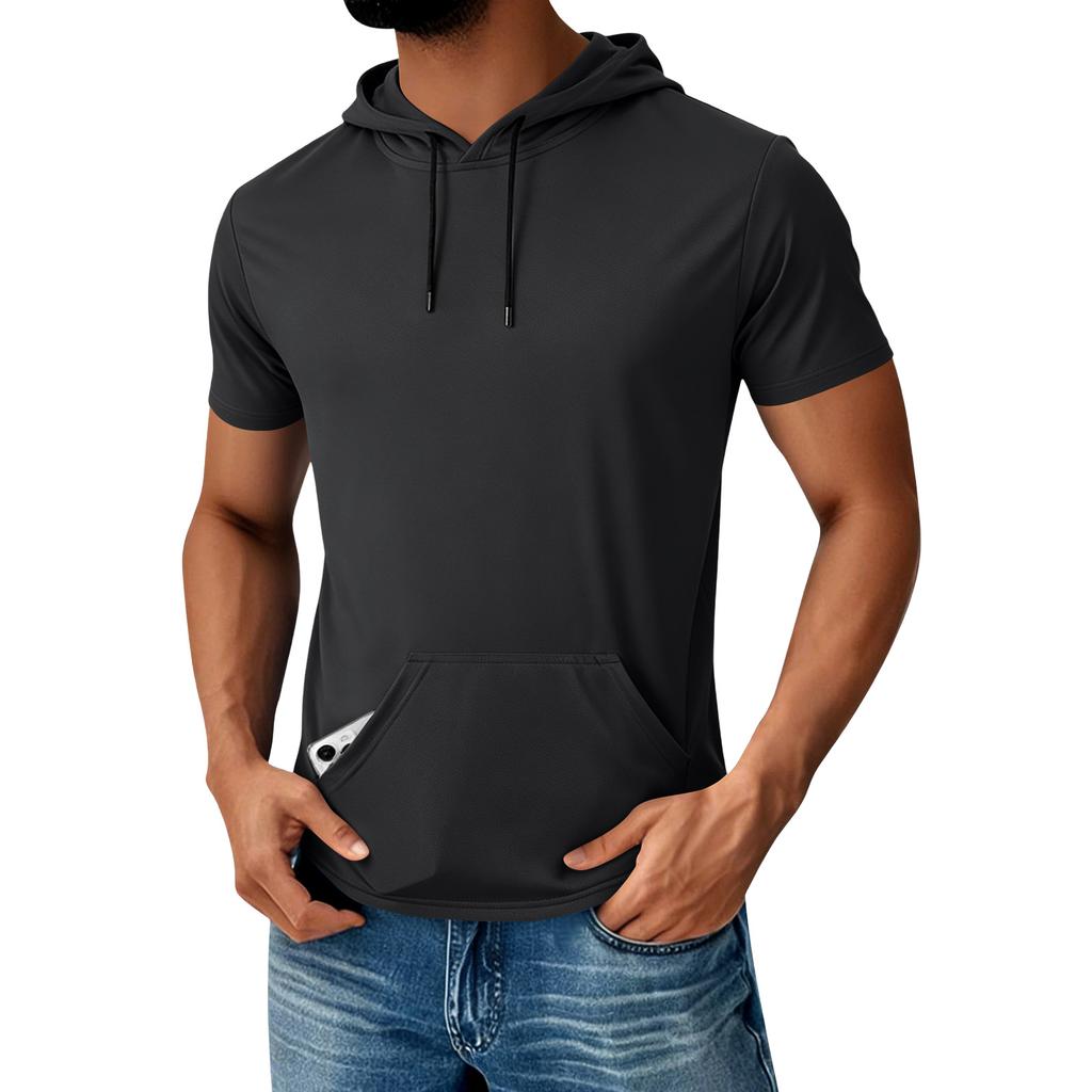 Men's Hooded Pocket Top Men's Casual Sports Quick Drying Short Sleeved Top