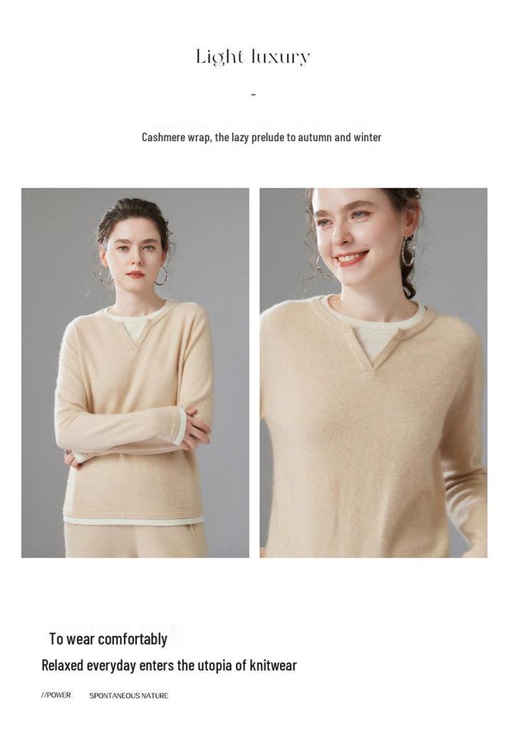 Autumn 2025 Sweet Style Color Block Cashmere Sweater - Loose Fit, Slimming, Short & Warm, Fake Two-Piece Design