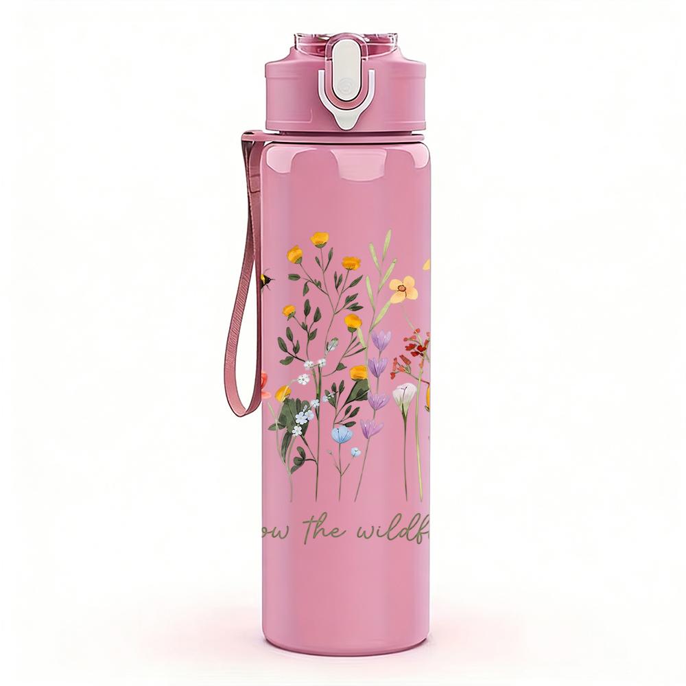 1PC Wildflower Inspirational Quote Graphic,750ml Color Plastic Sports Water Bottle,Leakproof Flip Straw Lid,Suitable for Sports Office Home Use