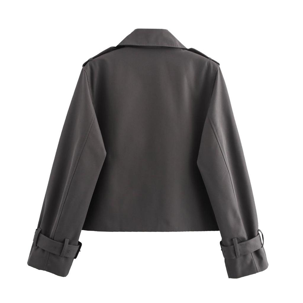 Autumn Women's Coat Solid Cropped Trench Coat Vintage Double Breasted Long Sleeve Short Jacket Lapel Collar Windbreaker