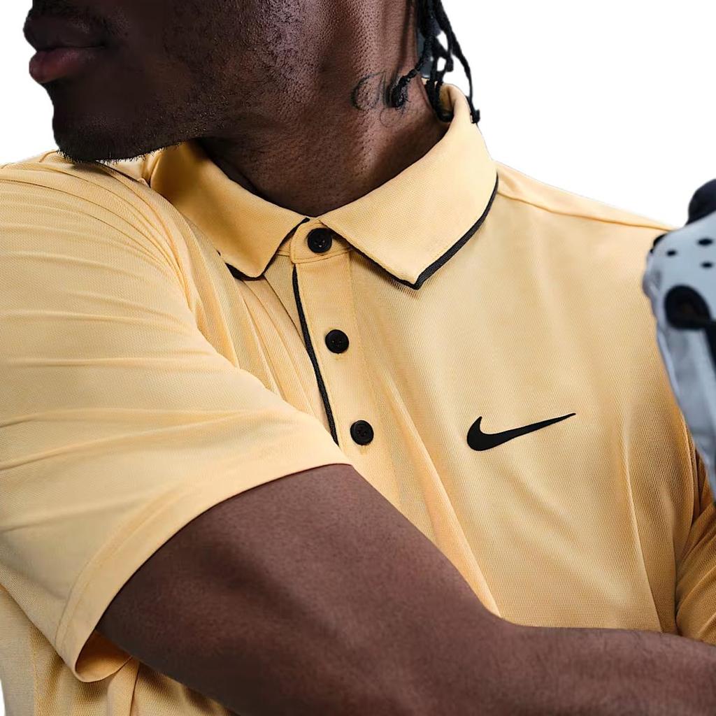 Nike Dri-Fit Swoosh SS25 Tour Series Comfortable Casual Versatile Short Sleeve Golf Shirt Men tops Yellow-Gold Black FZ7497-795