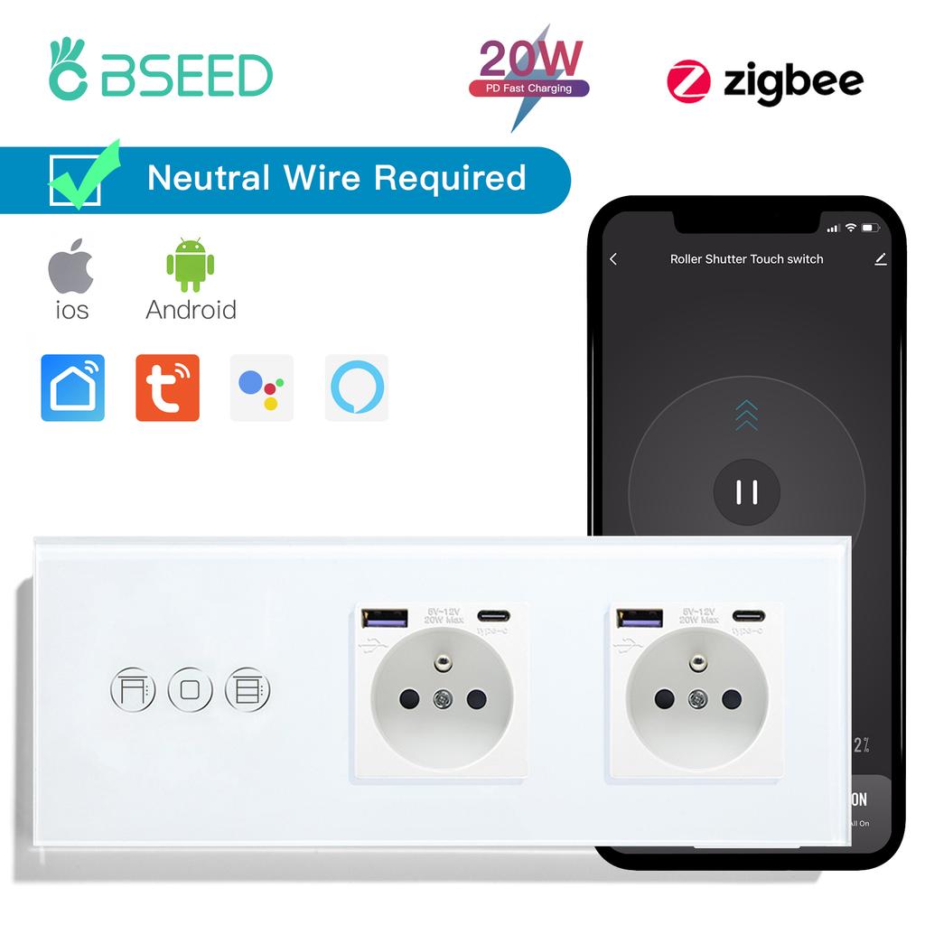 BSEED Zigbee Smart Roller Shutter Switches Light Blinds Switch Tuya Smart Life Plus French Wall Sockets USB Type-c Glass Panel