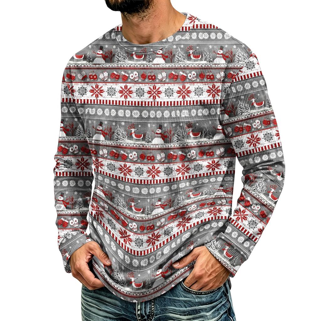 Men's Corduroy Long Sleeve Crewneck Top with Christmas Print for Holiday Casual Wear