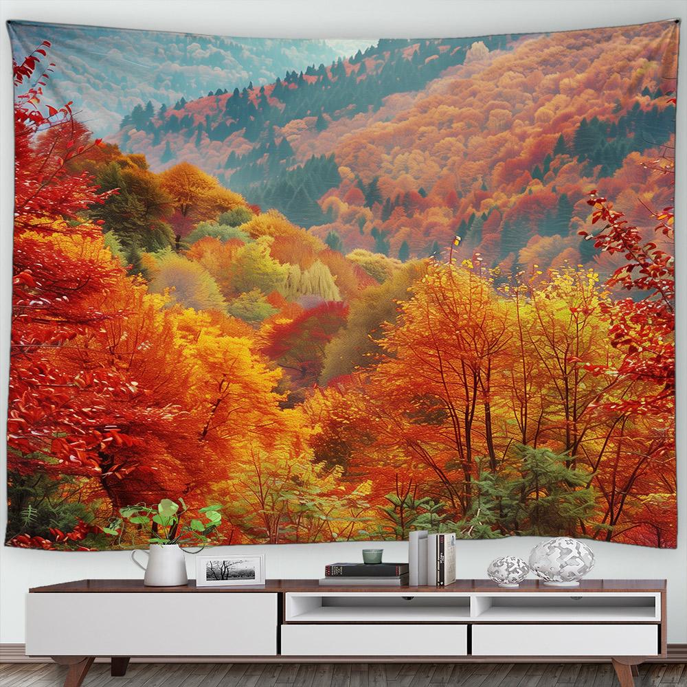 Autumn Forest Scenery Tapestry Wall Hanging Decor Red Leaves Maple River Fall Nature Landscape Tapestry Indoor Home Decorations