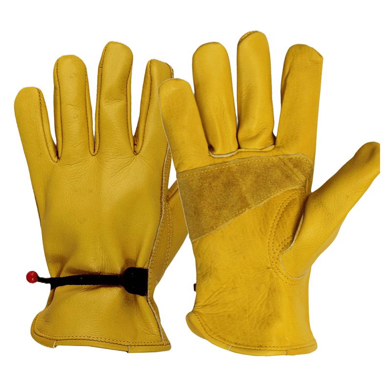 Yellow Cowhide Safety Gloves, Heavy Duty and Stretchable for Welding, Driving, & Mechanical Tasks, 1 Pair for Men