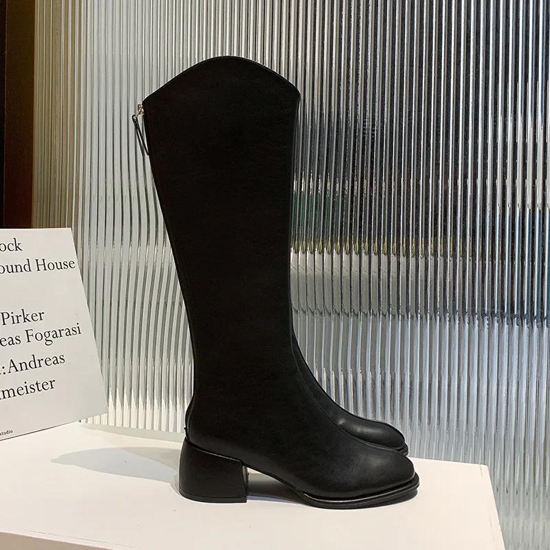 Fashion 2025 Fashion Women‘s Boots Soft Leather Knee High Boots Women Zipper Female Square Heel Woman Shoes Autumn Winter Knight Boot PU