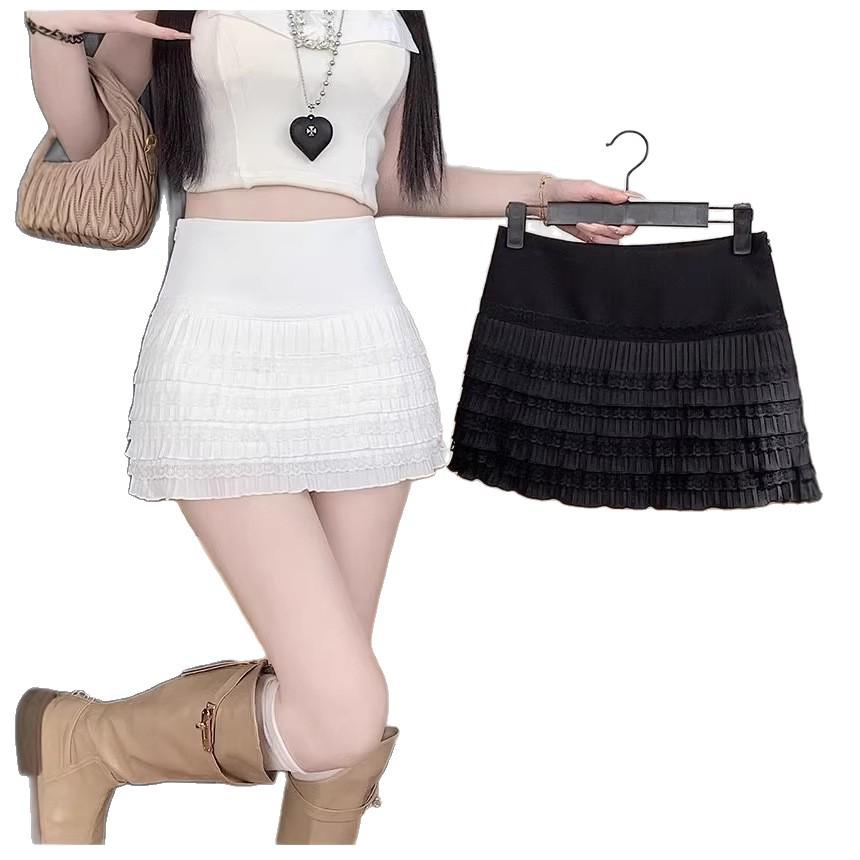 2025 Autumn Korean Sweet & Spicy Layered Lace Pleated Mini Skirt for Women
