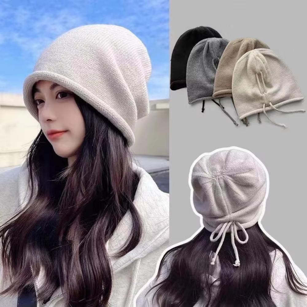 Sweet Knitted Baggy Beanie Hat Ear Protection Solid Color Pullover Hat Winter Knitted Cap  Girls
