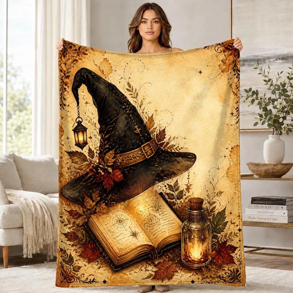 Wizard Spellbook Potion Coral Fleece Blanket Fantasy Magic Decor