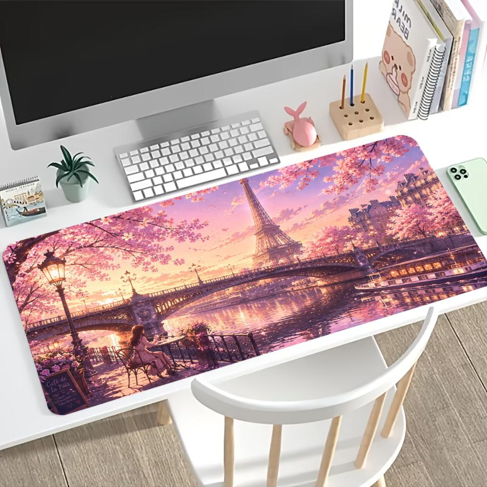 Large Gaming Mousepad Eiffel Tower Cherry Blossom Hd Print NonSlip Rubber Lock Edge Desk Mat For Pc Laptop Office Desktop Decor