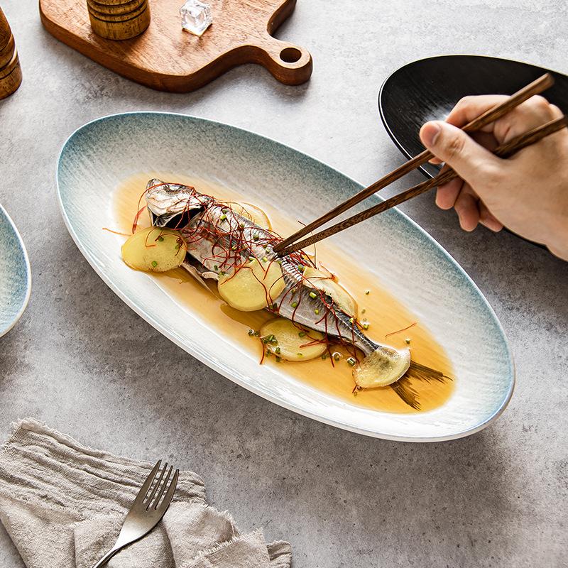 Underglaze Color Nordic Style Hotel Fish Plate Home Steamed Fish Plate Oversized Oval Commercial Tableware Creative Hotel Porcelain