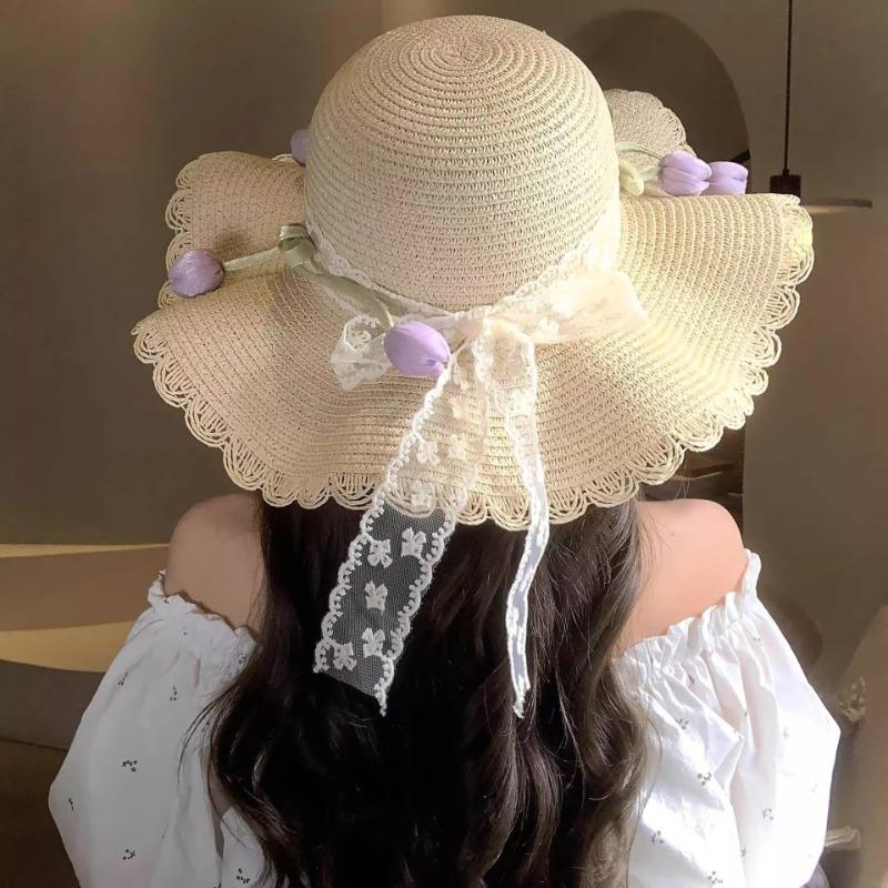 Summer Lace Girl Straw Sun Hat Women's New Summer Straw Hat Sun Protection Seaside Beach Photo