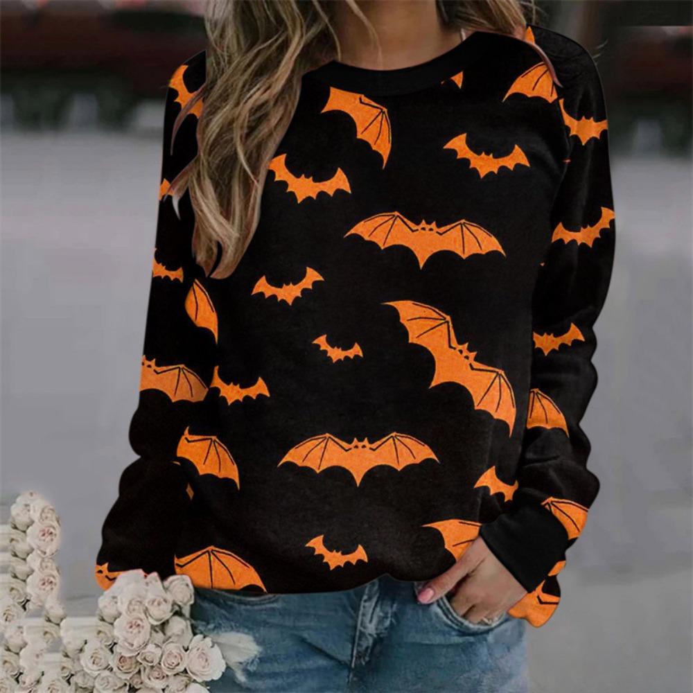 Fashionable 3D digital printed Halloween ghost pattern women's round neck long sleeved T-shirt