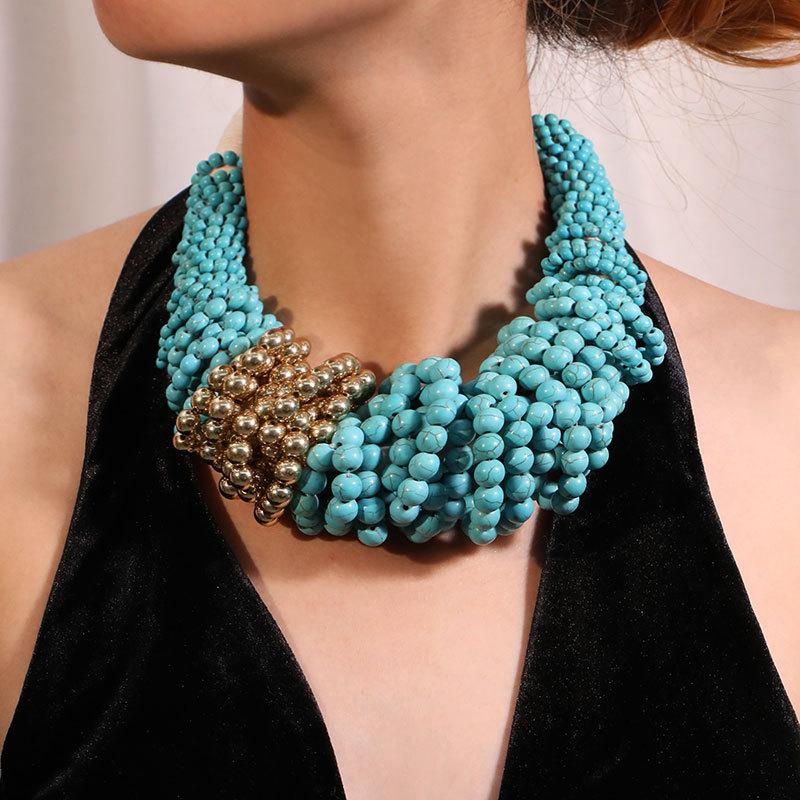New Bohemian Turquoise Necklace Original Design Exaggerated Women's Collarbone Chain Multi-layer Bead Necklace