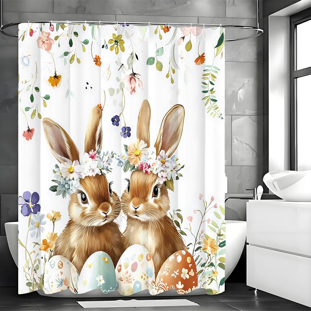 

Spring Easter Bunny Shower Curtain, Leaves Wildflowers Watercolor Floral Cute Bunny Rustic Farmhouse Bathroom Decorative Shower 90*180cm