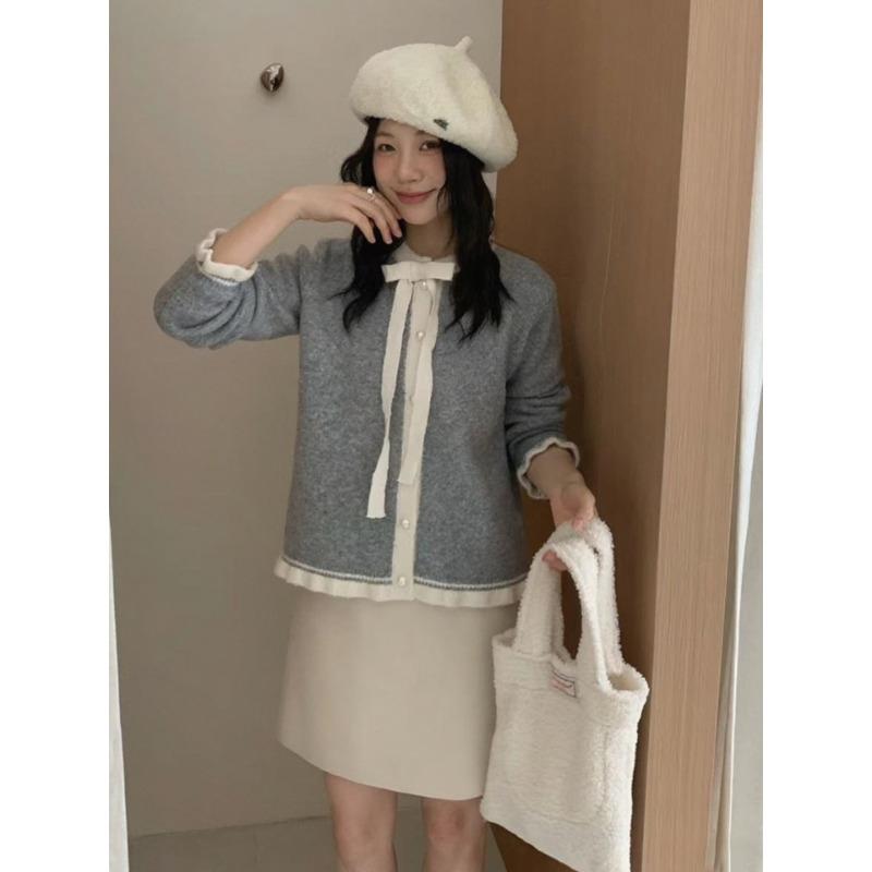 

Contrasting color bow knitted cardigan autumn and winter new loose design gentle wind sweater jacket women one size fits all серый