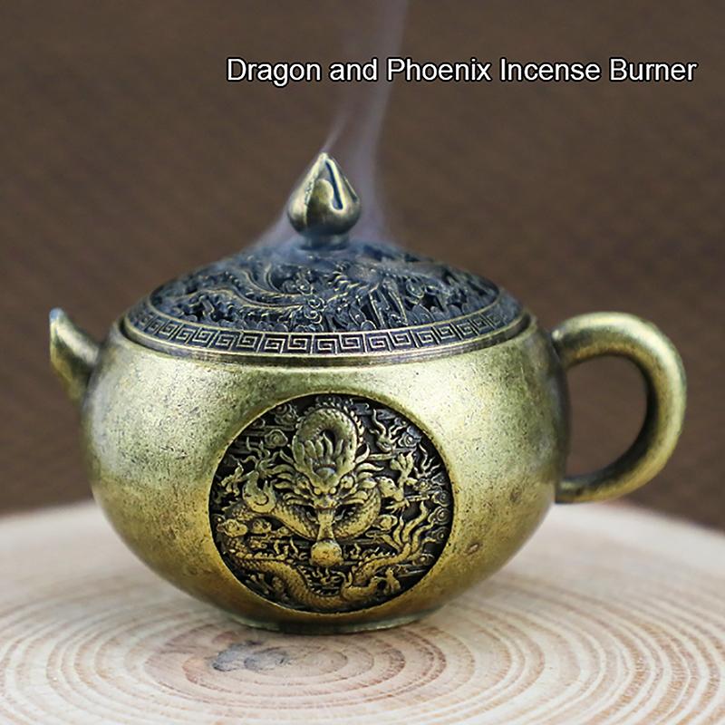 1Pc Mini Retro Style Alloy Incense Burner Buddhism Lotus Censer Bronze Dragon And Phoenix Water Bottle Incense Burner