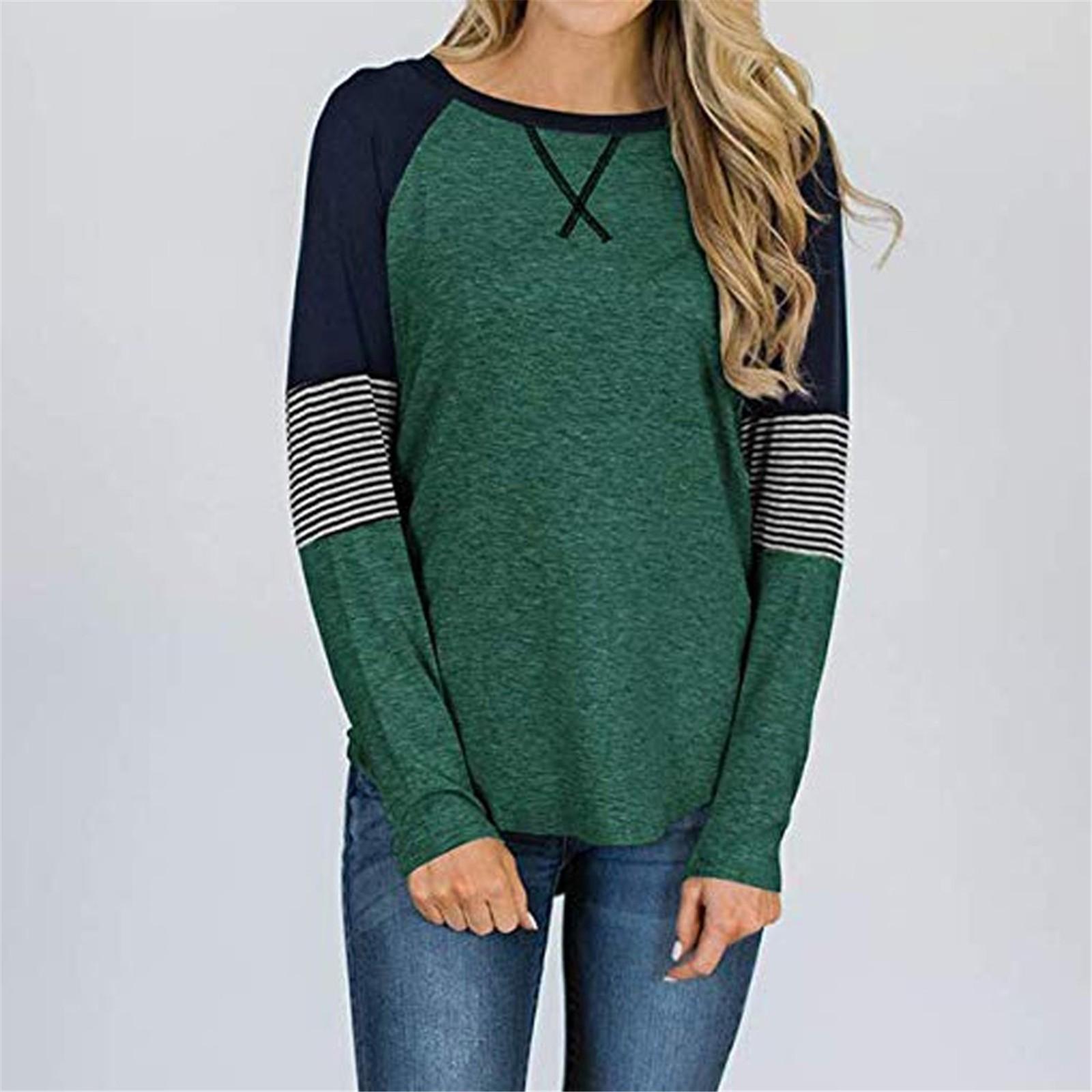 Womens Casual Long Sleeve Round Neck Splicing Stripes Color Blouses Leisure Tops L зелёный