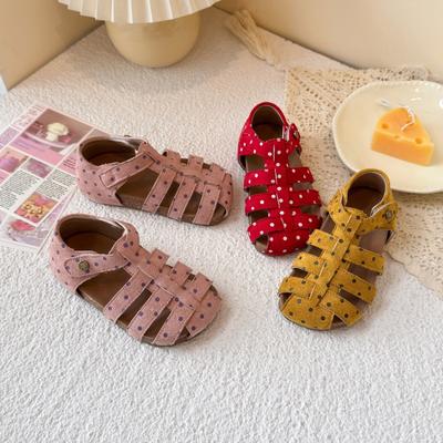 Girls Sandals Polka Dots Sweet Children Princess Shoes Hook&loop 2025 Summer New Flat Shoes Hollowed-out Korean Style Ins Trendy