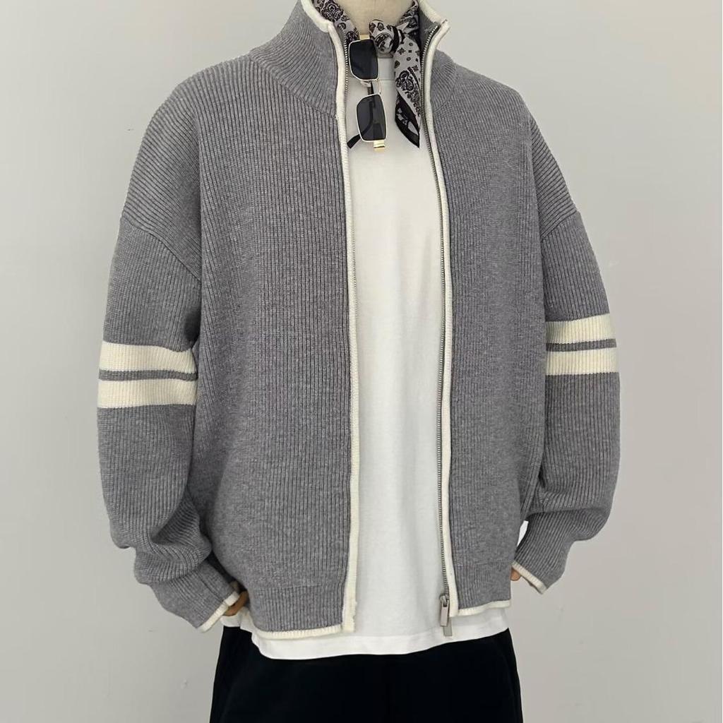 Men's Trendy 2025 Autumn/Winter Stand Collar Color Block Stripe Knit Zipper Cardigan Sweater Jacket