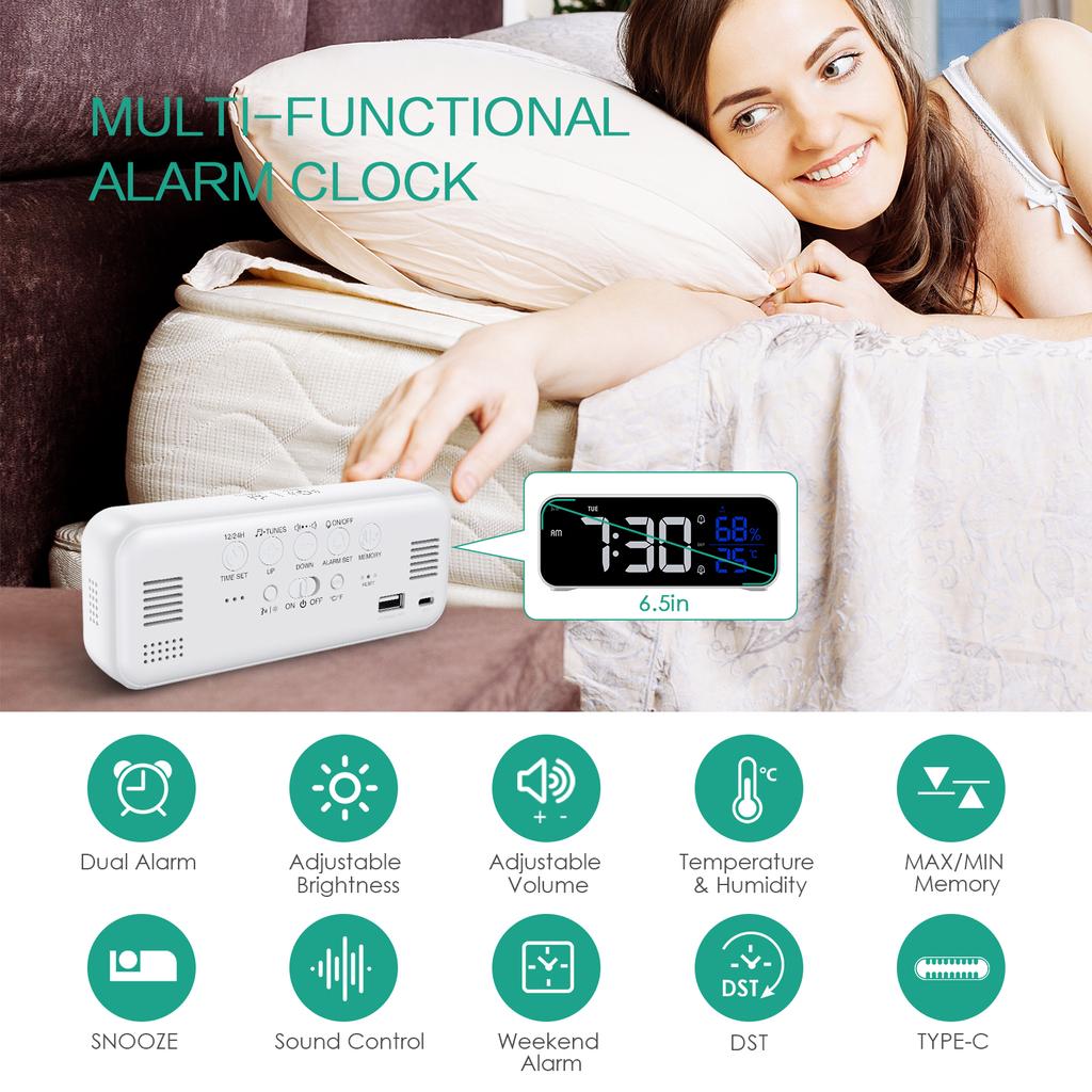 Zegar LED z budzikiem, ładowalny, cyfrowy, muzyczny, głosowy, zegar biurkowy z regulowaną jasnością do sypialni, domu, biura