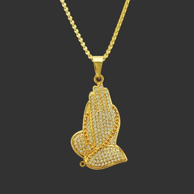 Rap Singer Exaggerates Diamond Studded Prayer Hand Pendant Necklace On European and American Streets