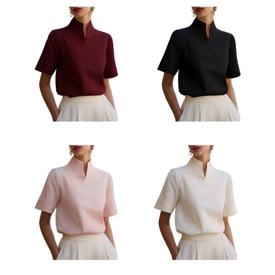 Women Shirt V-neck Stand Collar Loose Fit Pullover Tops Pure Color Soft Stretchy Breathable Blouse Daily Wear