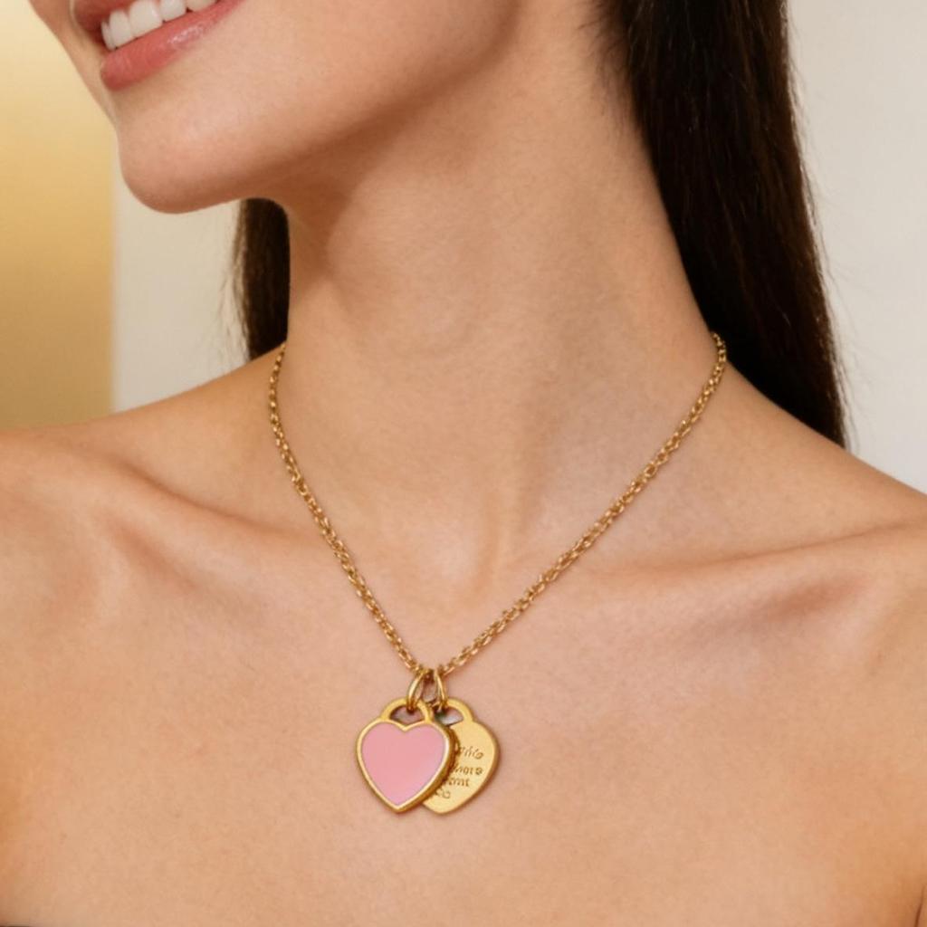 Stainless Steel Double Heart Clavicle Chain Necklace for Women - Simple and Versatile with Resin LOVE Pendant