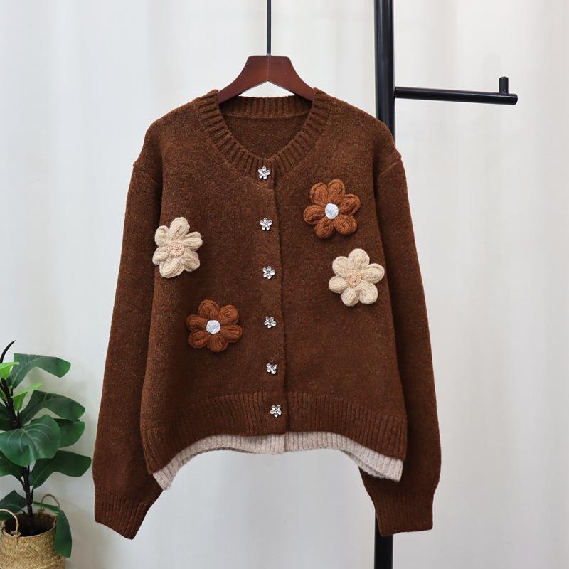 

Осень и зима новый дизайн трехмерный цветочный свитер куртка мягкий восковой маленький высококлассный вязаный кардиган женский One size