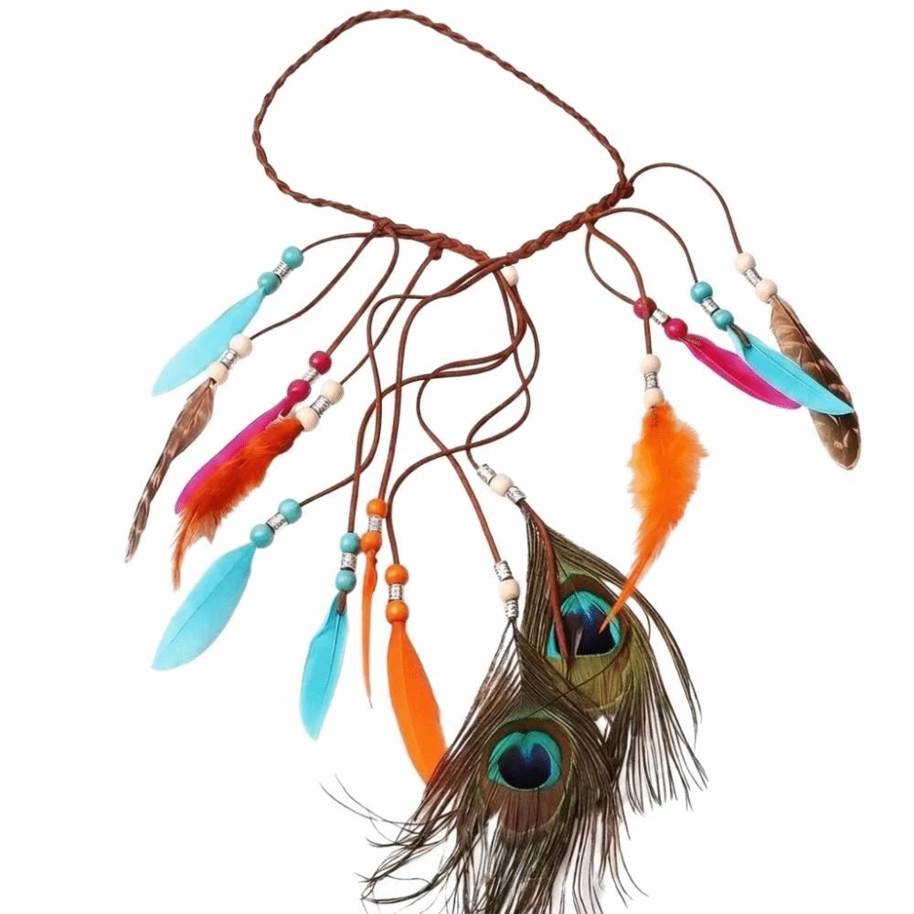 Intricate Beadwork Bohemian Tassel Headband Tribal Feather Hair Extensions Themed Photoshoot Props