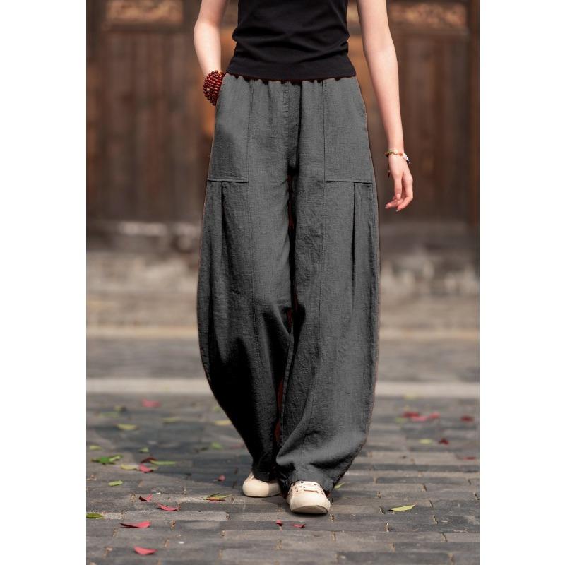 Women's Linen Blend Harem Pants Elastic Waist Loose Fit Casual Trousers