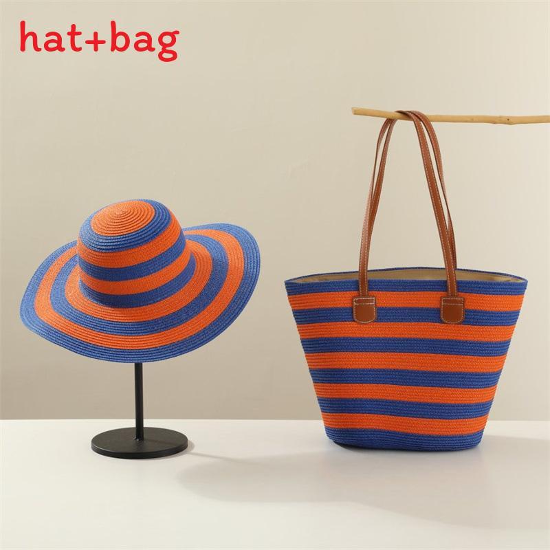 Woven Sun Hat And Large Capacity Straw Tote With Striped Pattern For Travel And Casual Wear