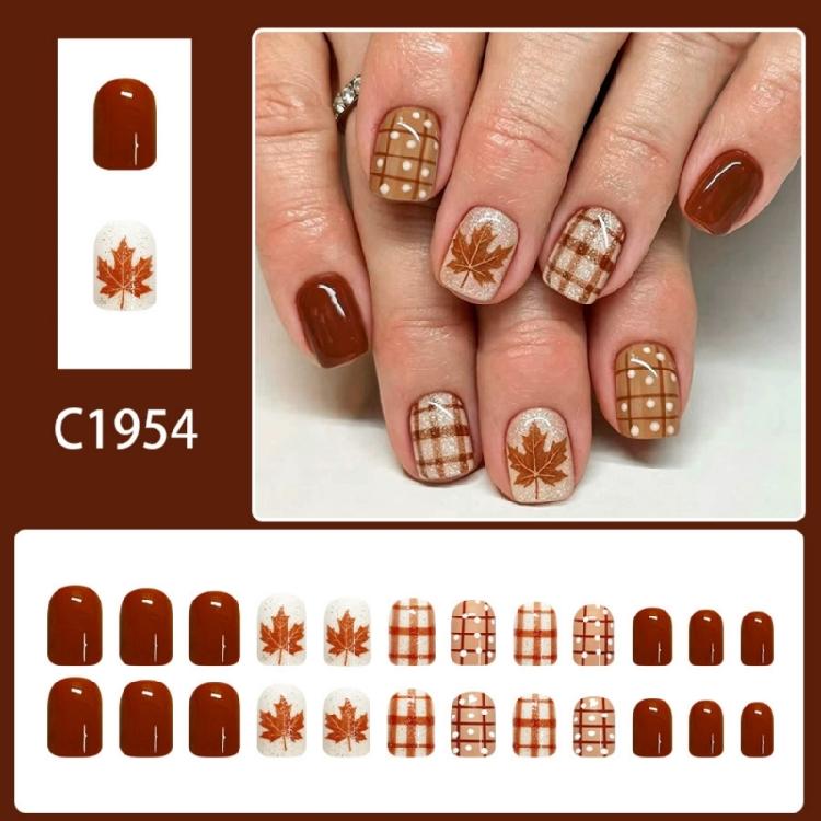 Autumn Theme Press On Nail Short Square 24 Piece Glossy Artificial Nail Set with Brown Plaids, Dot and Maple Leaf Detail for Easy Style Changes