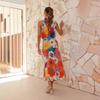 VEZFAA Women's Fashion Summer Spring Flower Pattern Print Sleeveless Hanging Neck High Waist Casual Dresses