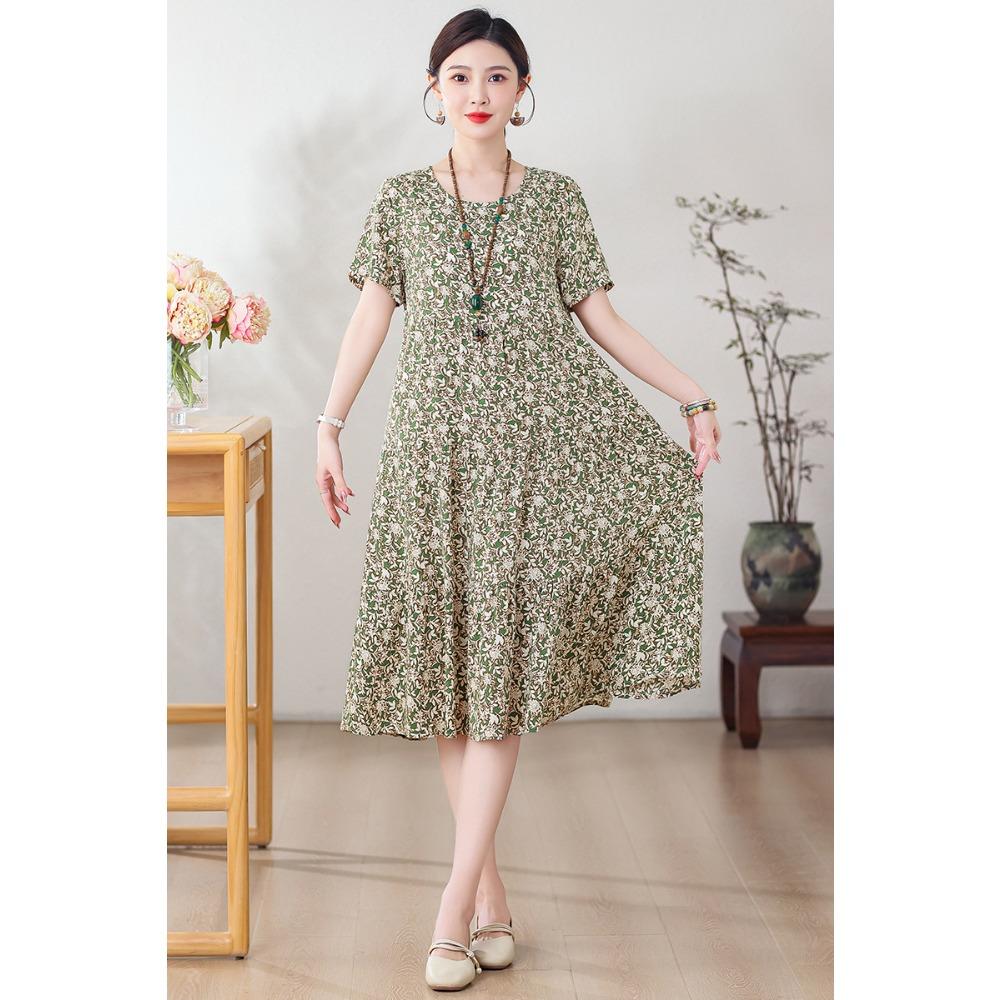 Summer Short-sleeved, Loose and Long Artificial Cotton Dress for Middle-aged and Elderly Women