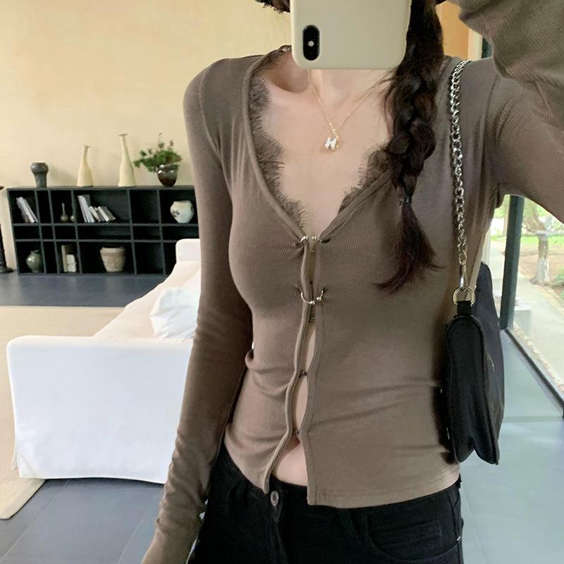 

American Hot Girl Slim Fit Button кружева V-образный вырез длинный рукав вязаный кардиган женский новый осенний топ S