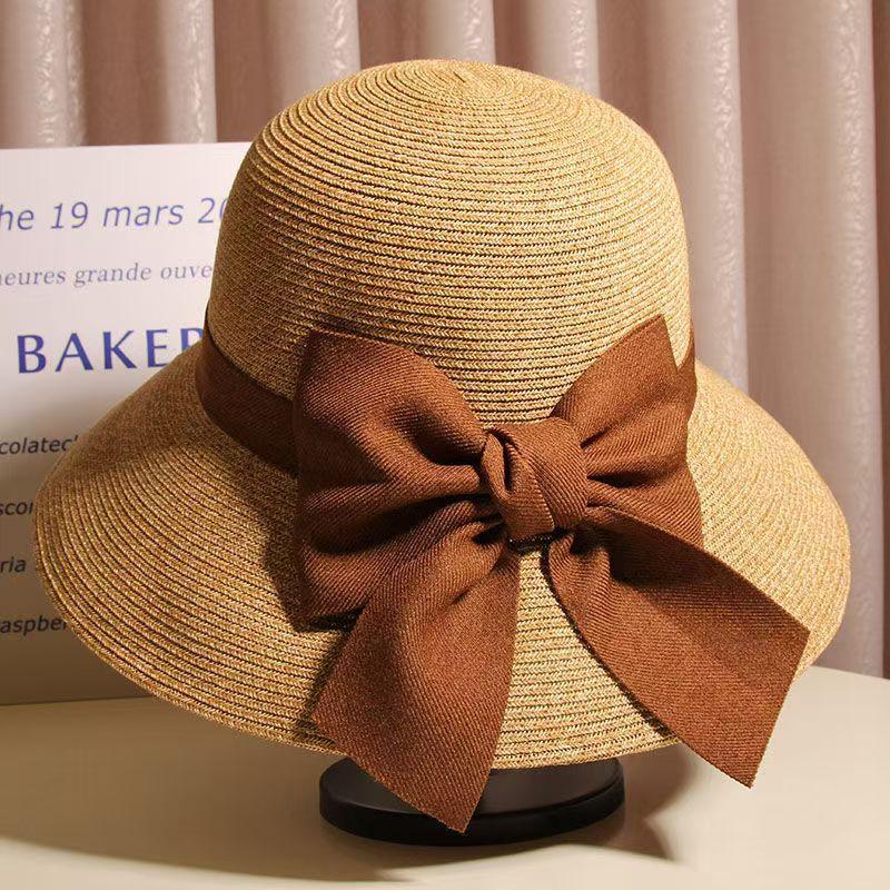 Elegant bow straw hat sweet summer sunshade sunscreen seaside beach hat women's high-end double weave