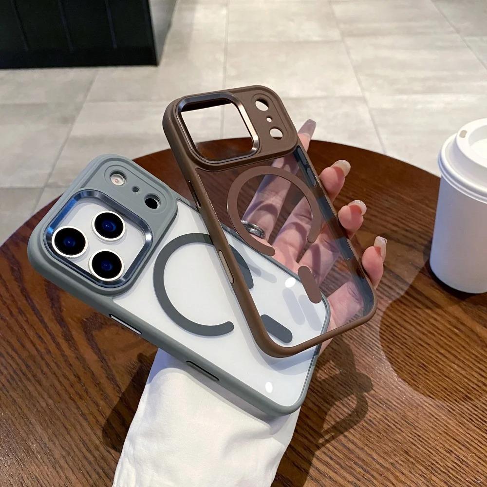 Transparent for Magsafe Armor Case for iPhone 17 16 15 14 13 Pro Max Plus 17 Air Magnetic Acrylic Metal Lens Shockproof Cover