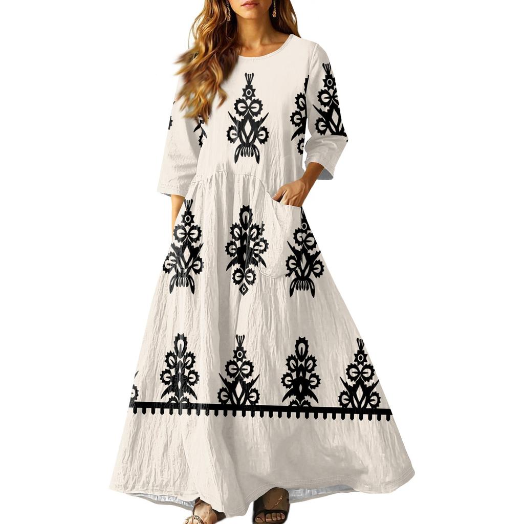 Damen Retro Ethno Stil Bandbesticktes Ärmelloses Leinen V-Ausschnitt Maxikleid