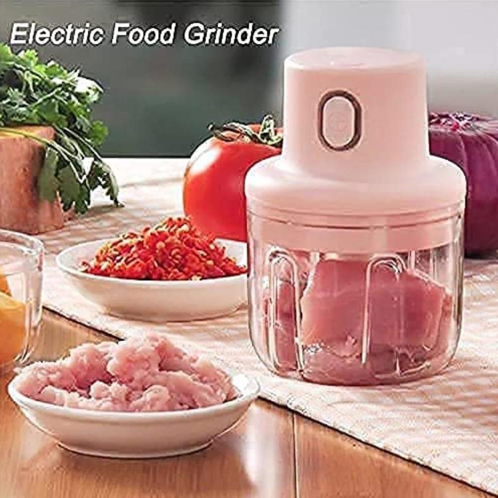 Electric Garlic Chopper Pink 250ml Onion Garlic Grinder with 3 Blades for Chili Meat Ginger