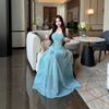 New Blue Long Waist-cinching Slip Dress for Women, Summer French Vintage Heiress Dress