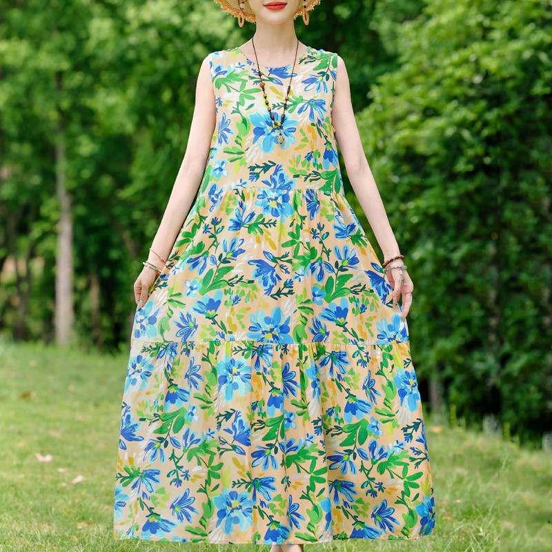 Elegant Sleeveless Dress for Women Plus Size Short Sleeve Vintage Print Long Dress Summer Casual Middle-aged Women's Clothing
