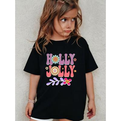 Europäische Größen Kinder HOLLY JOLLY Vintage Muster T-Shirt - Buntes Blumenmuster, Rosa Kontur, Lässiges Kurzarm-T-Shirt für Mädchen - Ideal für