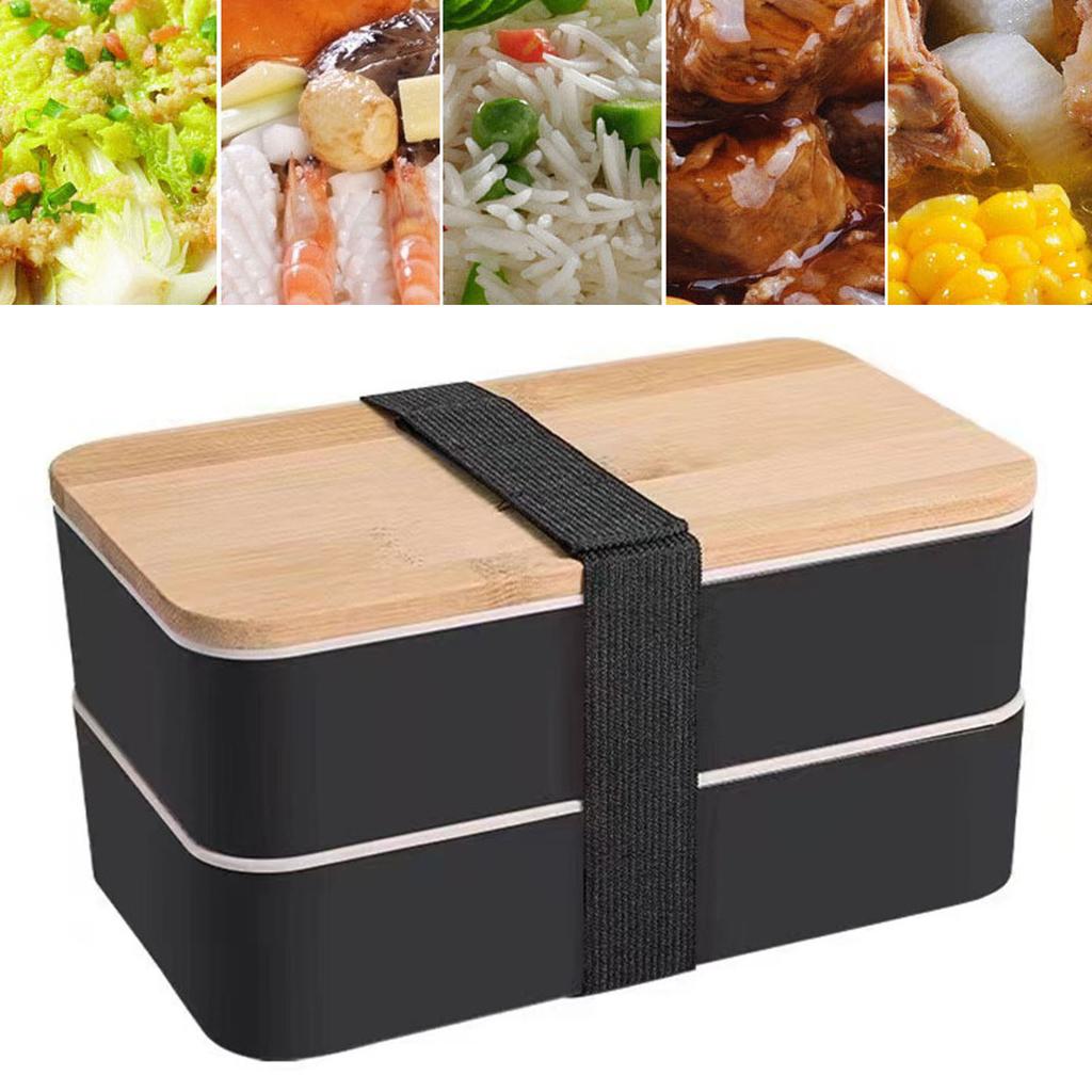 Double Layer Bento Box Multipurpose Wooden Lid Compartment Bento Lunch Box for Work School Home 1200ML Black