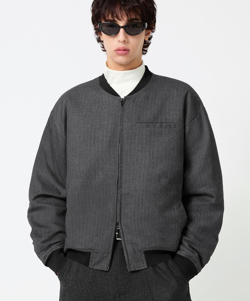 Trillion Pin Stripe Officer Crop Bomber Jacket_Gray