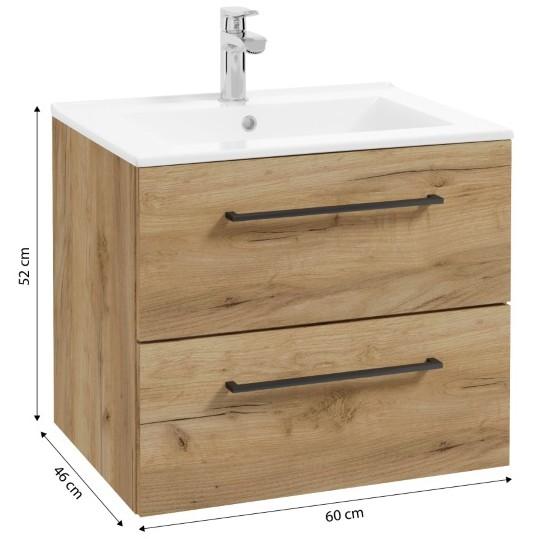 Bathroom Cabinet with Washbasin 60 Cm, Hanging, Craft Oak, Soft-close Pinia
