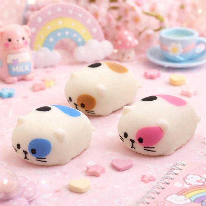 Jouet anti-stress - Chats kawaii mignons - Lot de 3 - PVA ultra-souple 8 cm - Couleurs assorties
