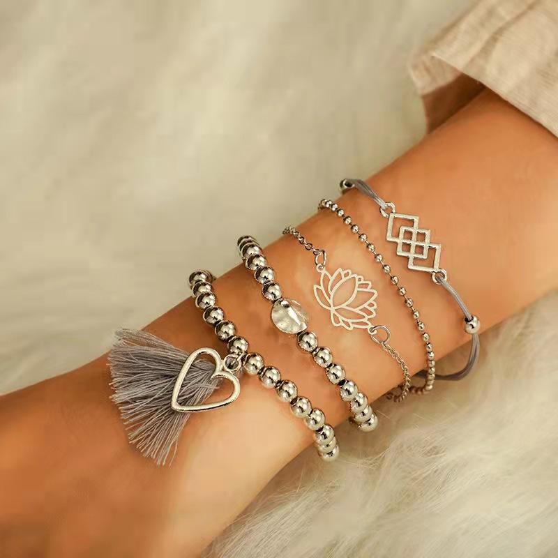 European and American retro Bohemian ethnic wind lotus love fringe geometric handmade beaded 1-piece bracelet