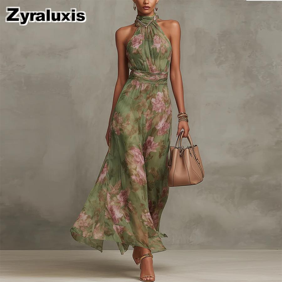Spring New Women's Dresses Imported Floral Print Maxi Dress with V-Neck Sleeveless
